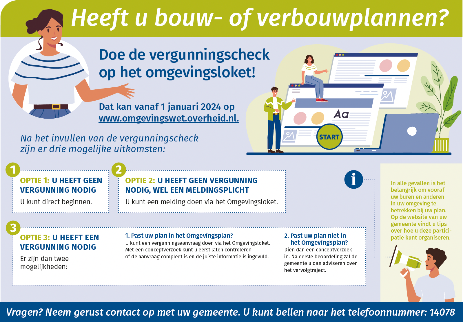 Na het invullen van de vergunningscheck op het omgevingsloket zijn er drie mogelijke uitkomsten: OPTIE 1: u heeft geen vergunning nodig, u kunt direct beginnen. OPTIE 2: u heeft geen vergunning nodig, moet wel een melding doen via het omgevingsloket. OPTIE 3: u heeft een vergunning nodig. Er zijn dan twee mogelijkheden: 1. Past uw plan in het omgevingsplan? U kunt een vergunningsaanvraag doen via het omgevingsloket. Met een conceptverzoek kunt u eerst laten controleren of de aanvraag compleet is en de juiste informatie is ingevuld. 2. Past uw plan niet in het omgevingsplan?  Dien dan een conceptverzoek in. Na eerste beoordeling zal de gemeente u dan adviseren over het vervolgtraject.